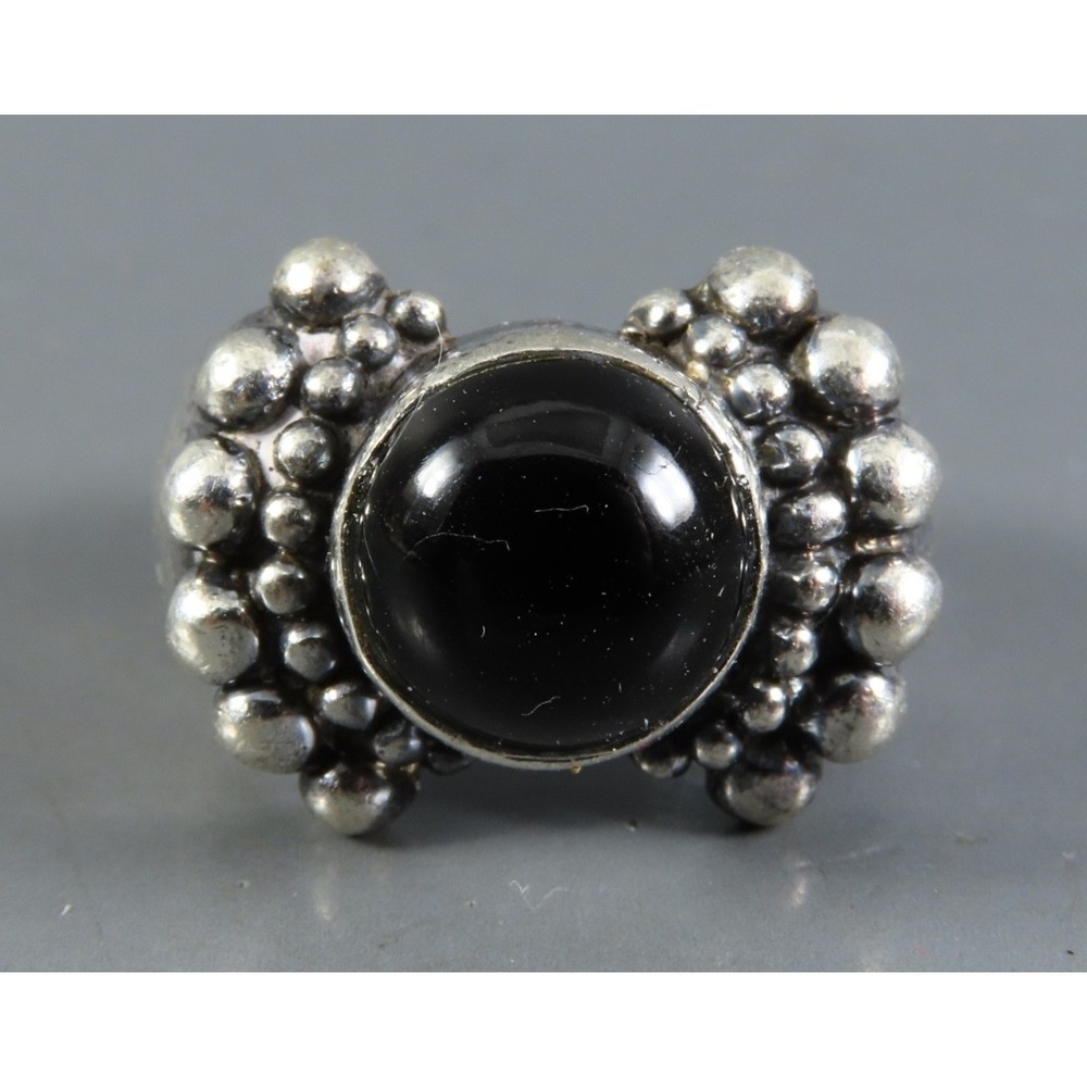 STERLING SILVER Cocktail Ring BLACK ONYX CABOCHON Dotted Wings Setting DOTS sz 7 - Picture 2 of 5